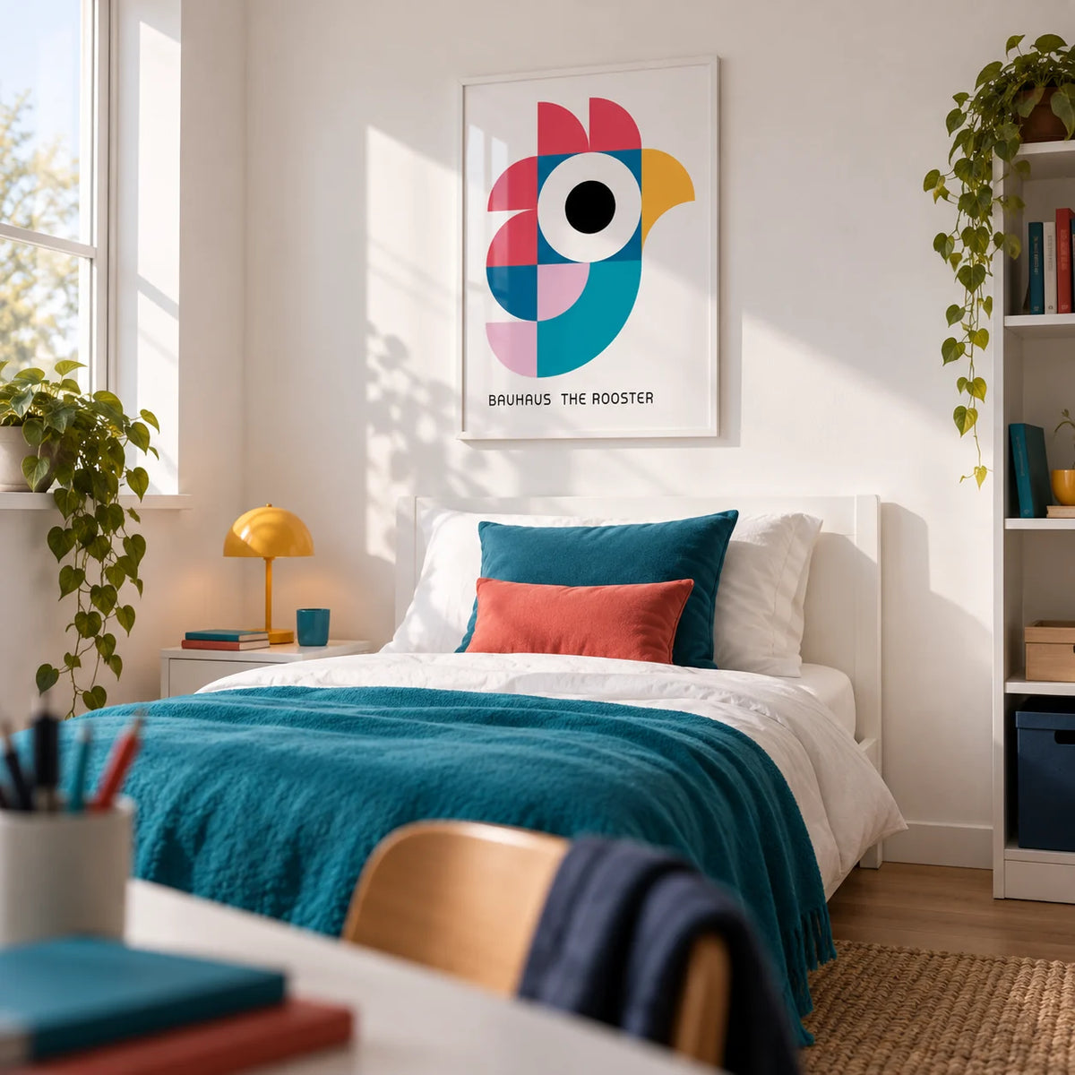 Geometric Pattern Art, framed on the wall of a teenager's bedroom (14-17) with a white wall