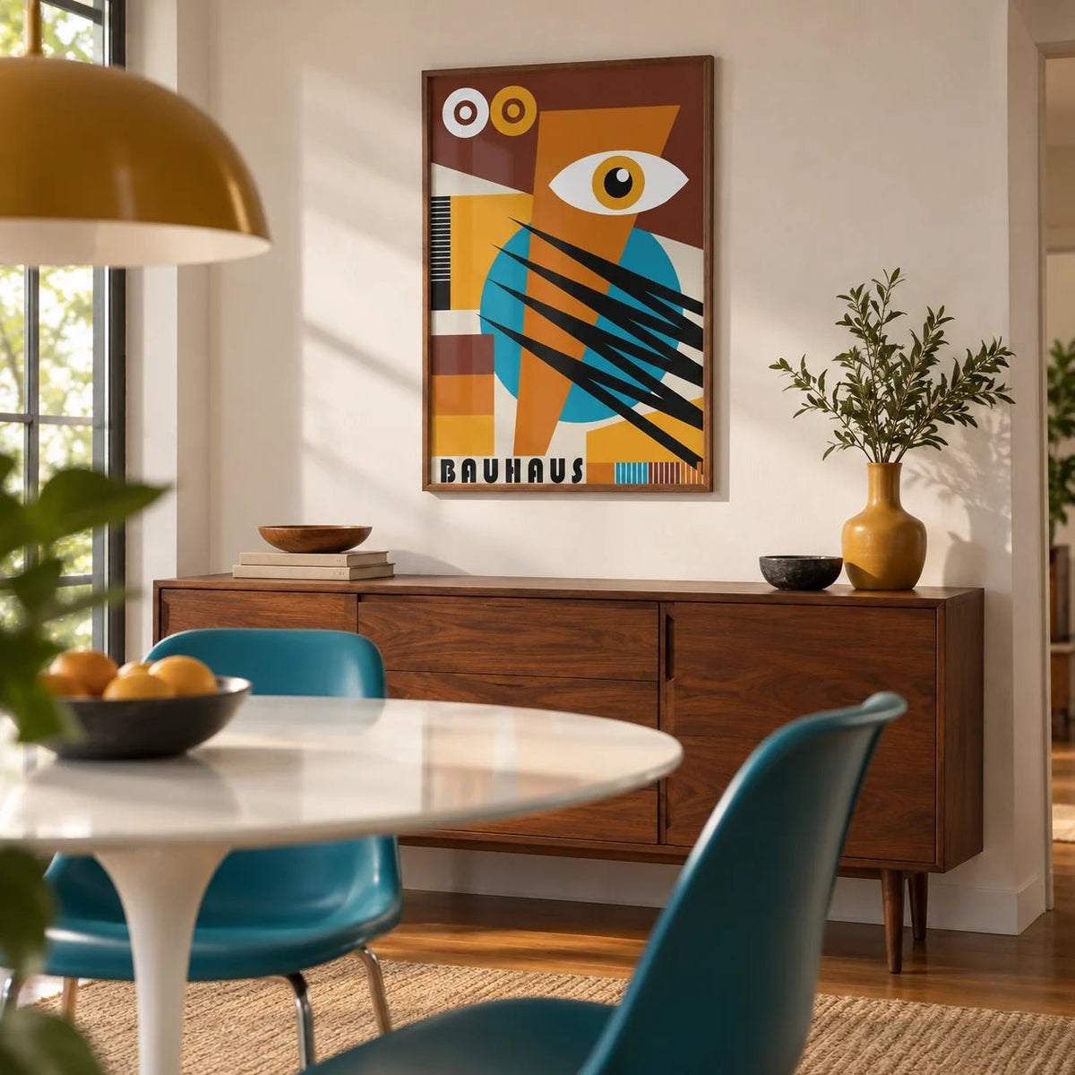 Geometric Poster, framed on the wall of a mid-century dining room