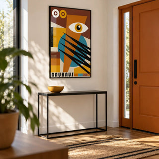 Geometric Poster, framed on the wall of a modern hallway with a solid burnt orange painted front door