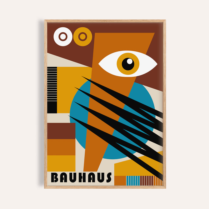 Geometric Poster of an abstract eye shape with Bauhaus style in brown and blue tones