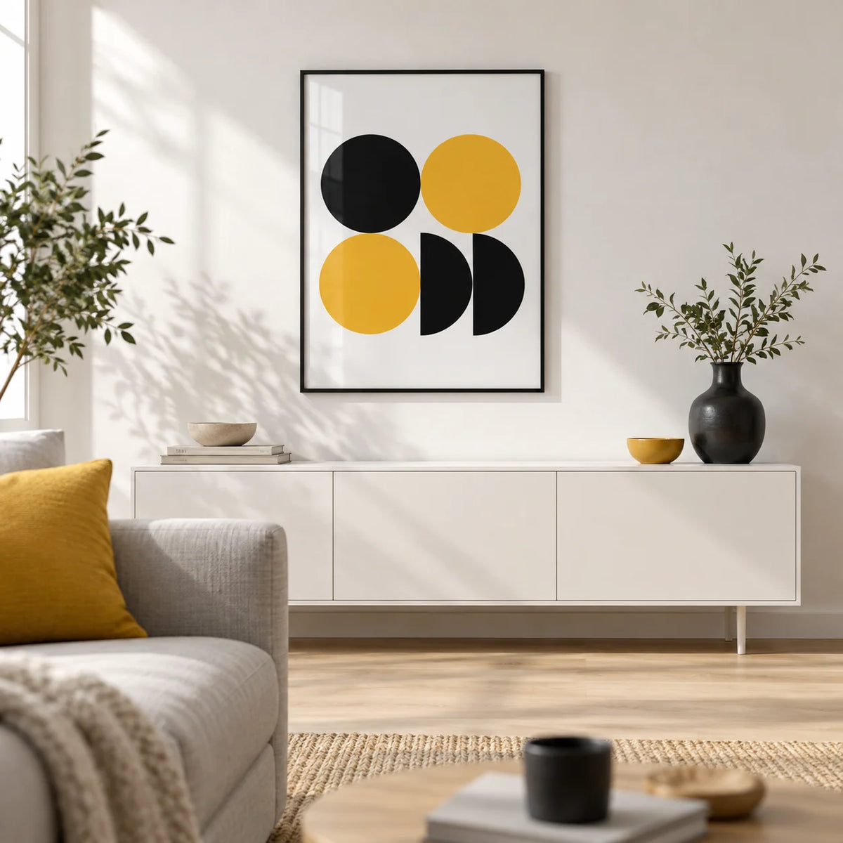 Geometric Posters, framed on the wall of a bright Scandi-modern living room with a white wall and a pale oak floor