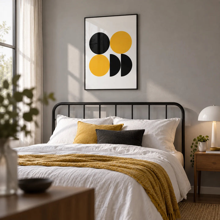 Geometric Posters, framed on the wall of a calm modern bedroom with a soft grey wall