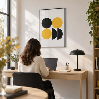 Geometric Posters, framed on the wall of a minimal home office with a white wall