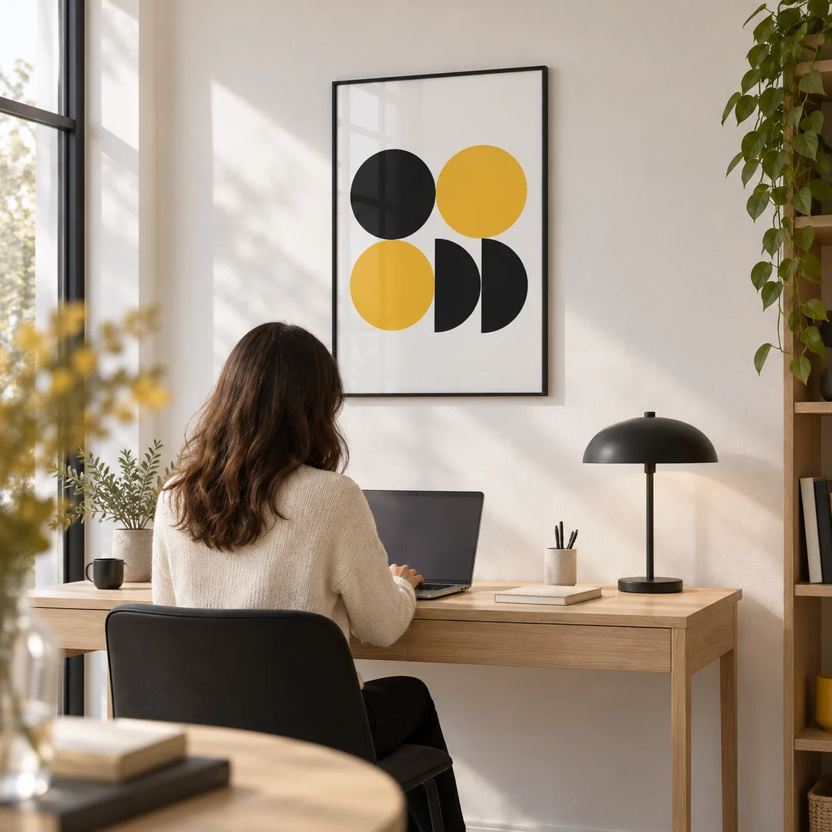 Geometric Posters, framed on the wall of a minimal home office with a white wall