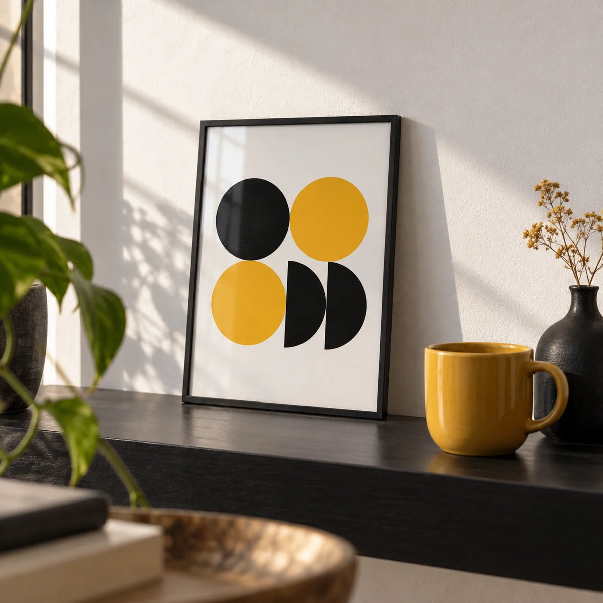 Geometric Posters, a small A4 framed print leaning on a black shelf in a living room
