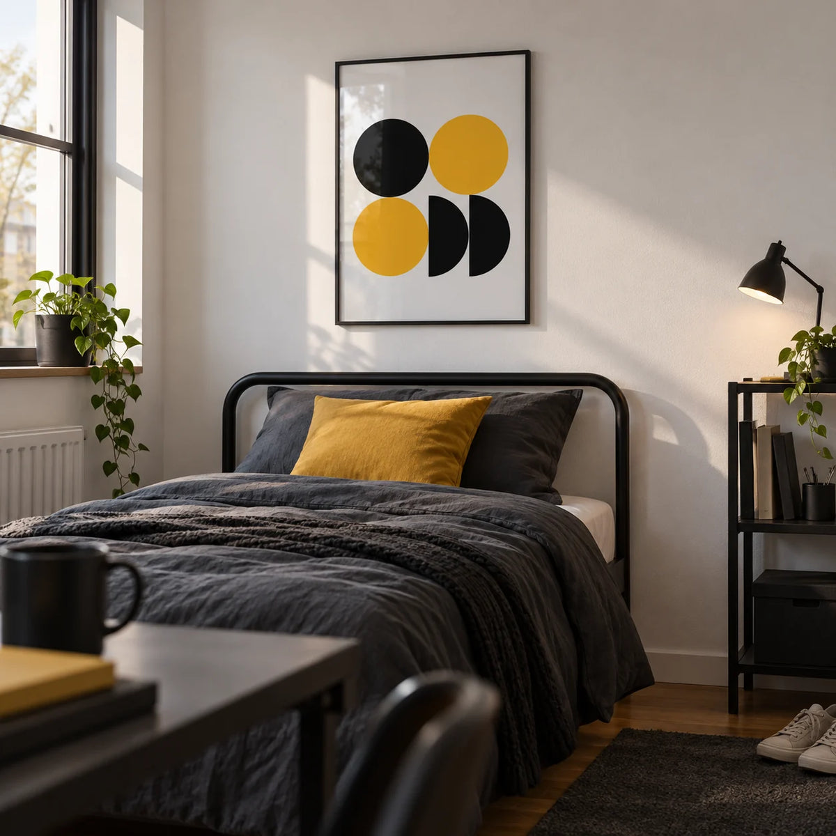 Geometric Posters, framed on the wall of a tidy single bedroom for a young man (16-22) with a white wall