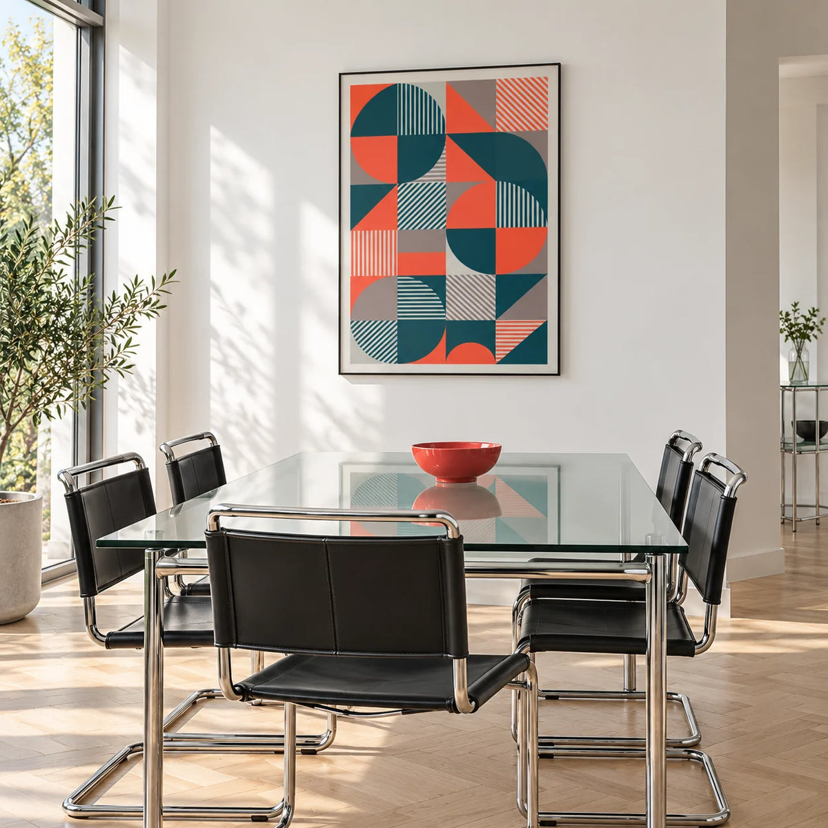 Geometric Prints, framed on the wall of a bright dining room with a glass table