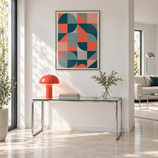 Geometric Prints, framed on the wall of a bright entry hall