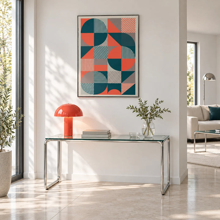 Geometric Prints, framed on the wall of a bright entry hall