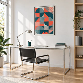 Geometric Prints, framed on the wall of a bright home workspace