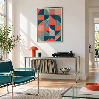 Geometric Prints, framed on the wall of a bright music corner with a record player