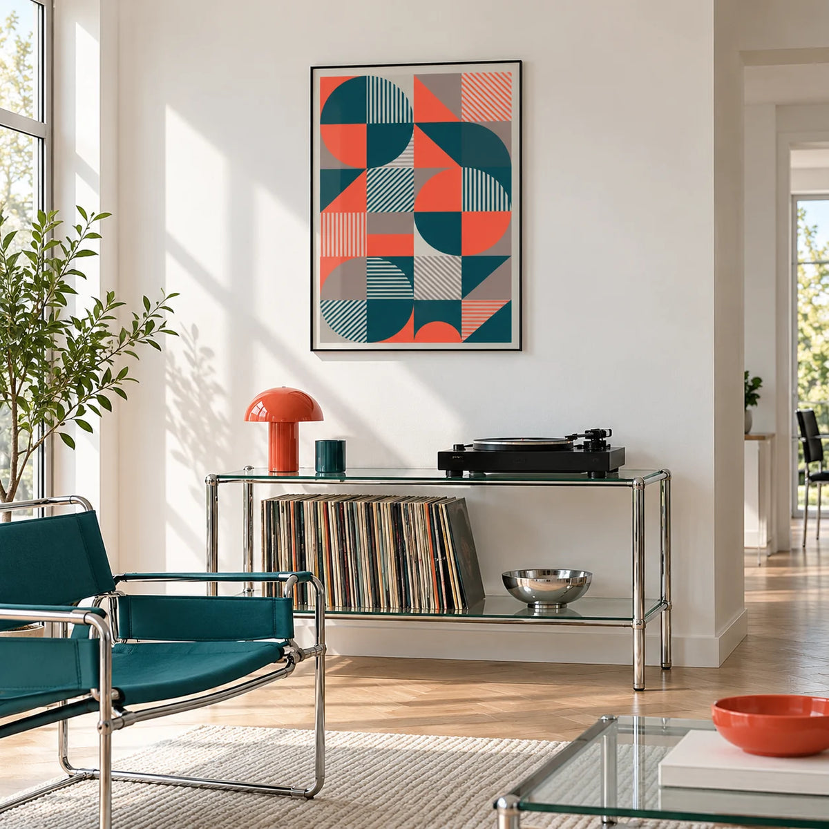 Geometric Prints, framed on the wall of a bright music corner with a record player