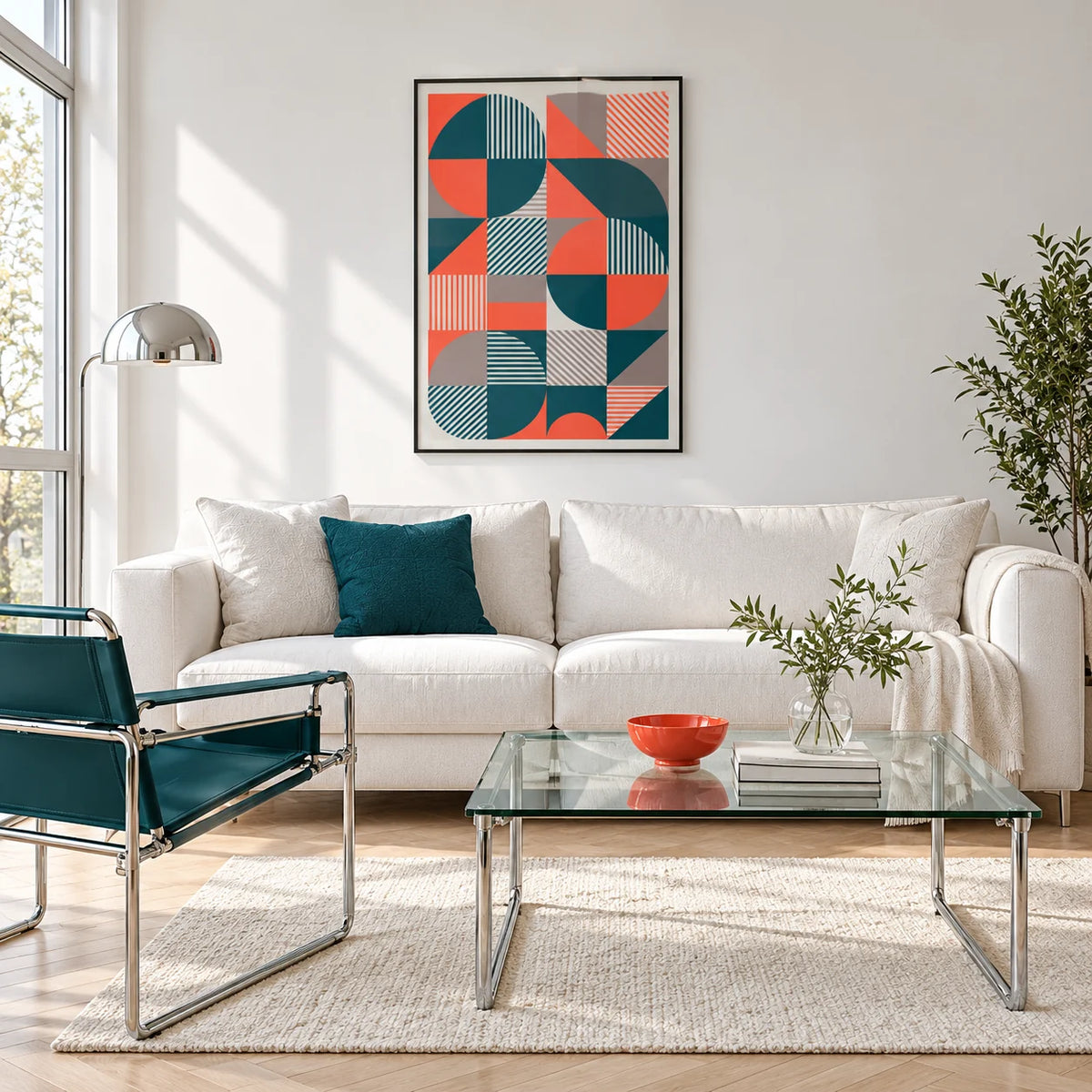 Geometric Prints, framed on the wall of a bright white living room with chrome furniture