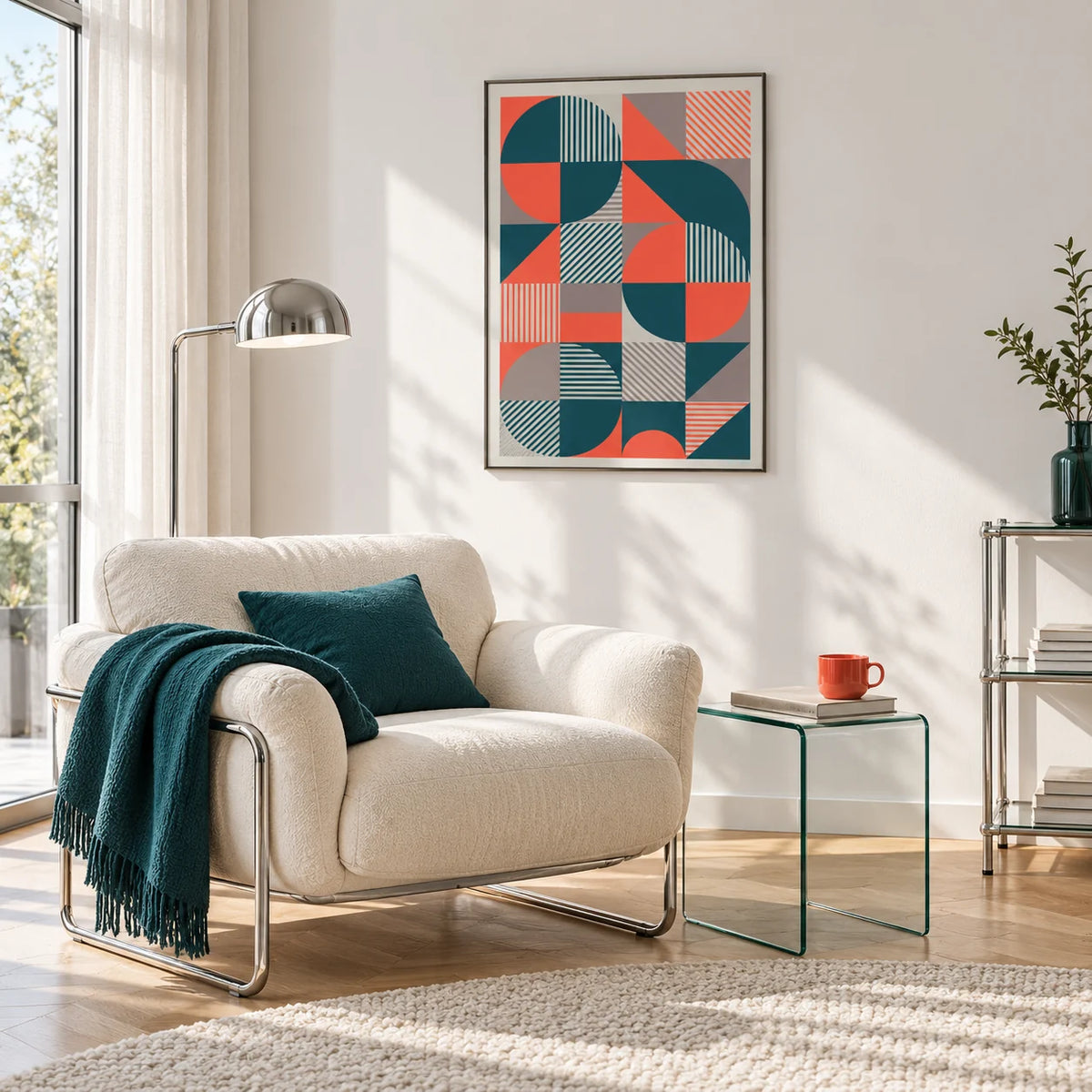Geometric Prints, framed on the wall of a cosy reading corner in a living room