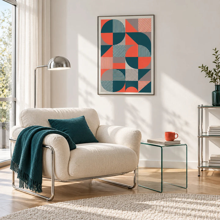 Geometric Prints, framed on the wall of a cosy reading corner in a living room