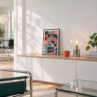 Geometric Prints, a small A4 framed print leaning on a white sideboard in a living room