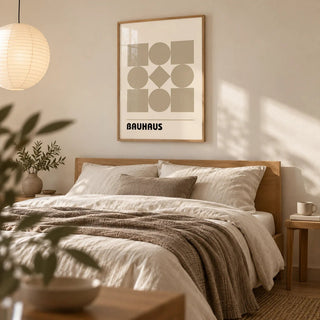 Geometric Shape Art, framed on the wall of a calm bedroom with a warm white wall