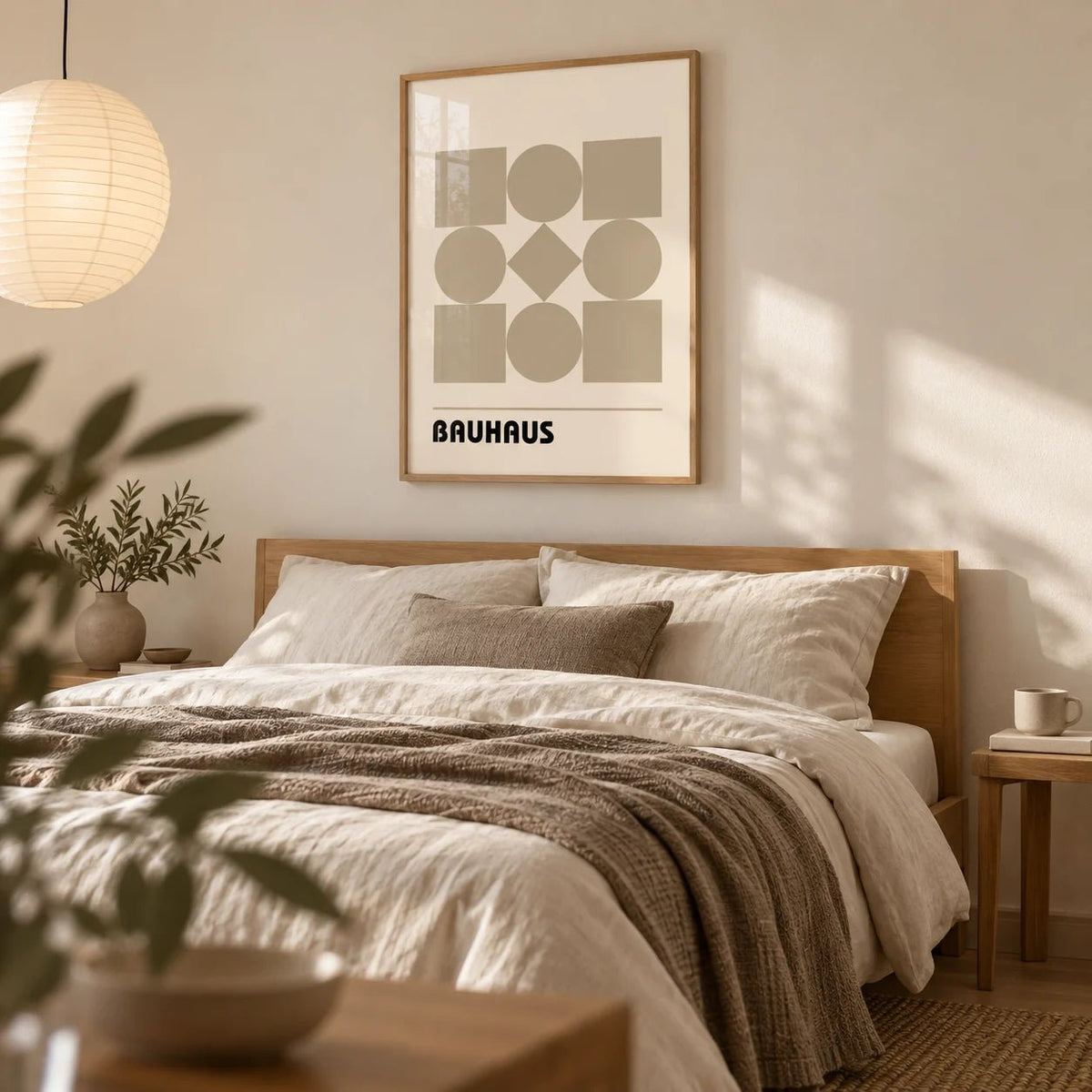 Geometric Shape Art, framed on the wall of a calm bedroom with a warm white wall
