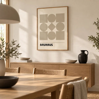 Geometric Shape Art, framed on the wall of a calm dining room with a cream wall