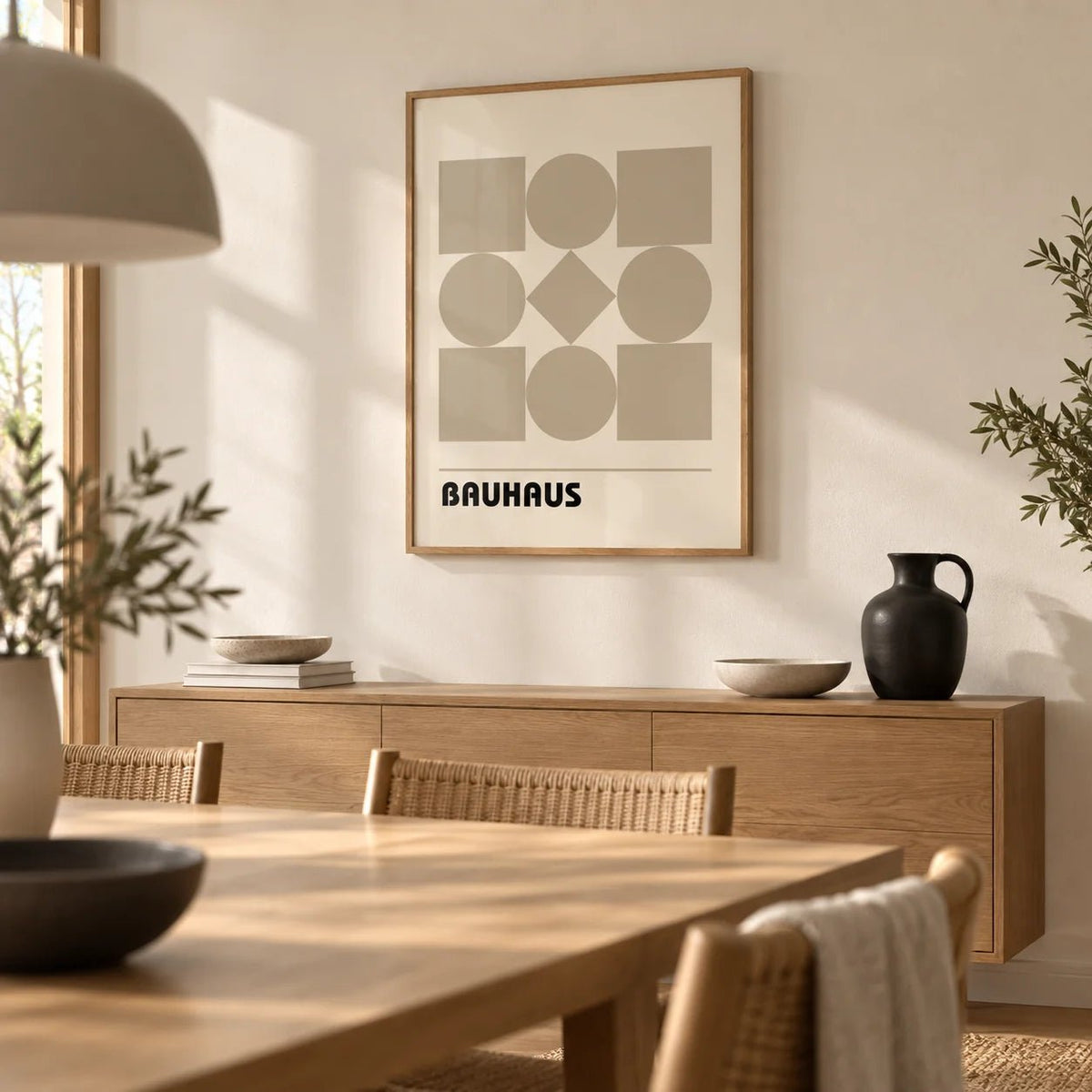 Geometric Shape Art, framed on the wall of a calm dining room with a cream wall