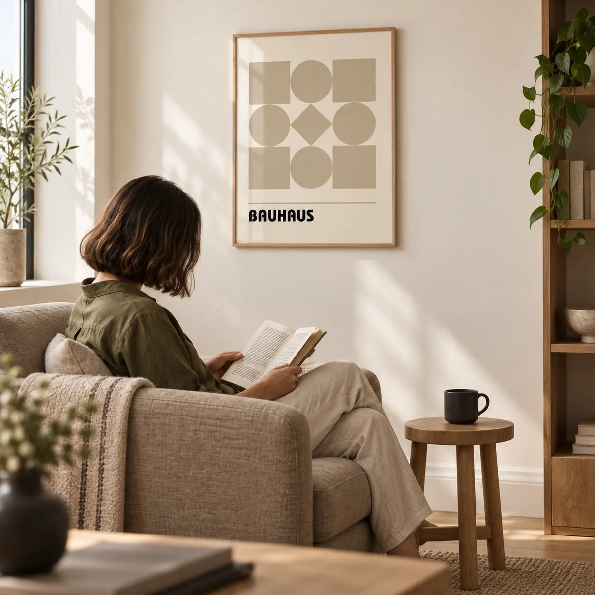 Geometric Shape Art, framed on the wall of a calm reading corner with a cream wall in a living room