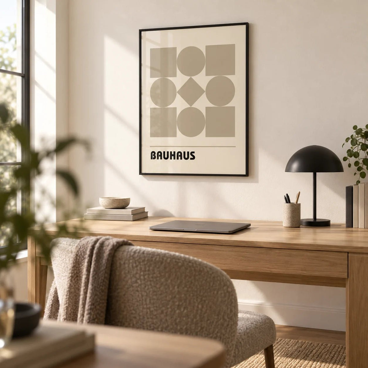 Geometric Shape Art, framed on the wall of a minimal home office with a warm white wall