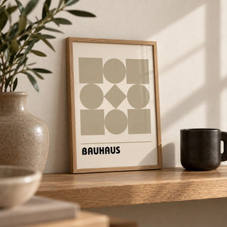 Geometric Shape Art, a small A4 framed print leaning on an oak shelf in a living room