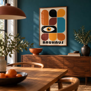 Geometric Shapes Wall Art, framed on the wall of a dining room with a deep teal wall