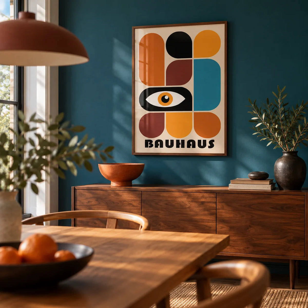 Geometric Shapes Wall Art, framed on the wall of a dining room with a deep teal wall