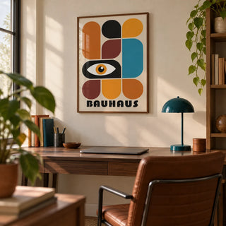 Geometric Shapes Wall Art, framed on the wall of a home office with a beige wall