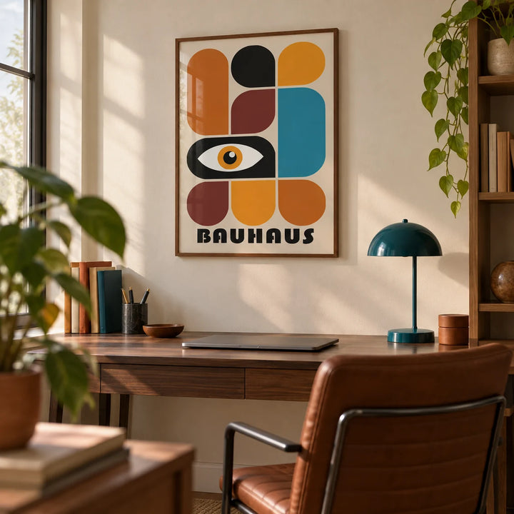 Geometric Shapes Wall Art, framed on the wall of a home office with a beige wall