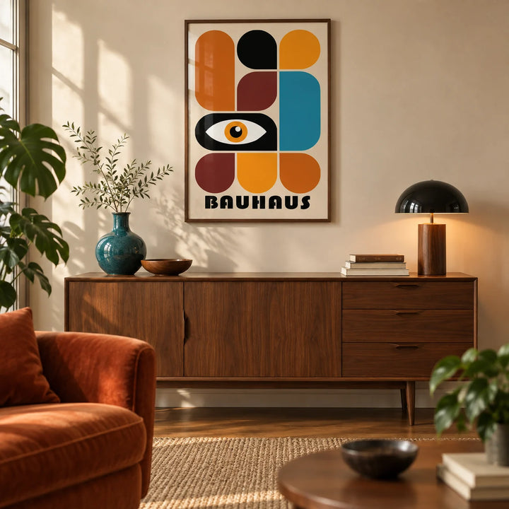 Geometric Shapes Wall Art, framed on the wall of a mid-century living room with a warm beige wall