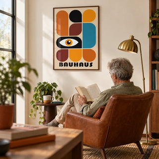 Geometric Shapes Wall Art, framed on the wall of a reading corner with a cream wall in a living room
