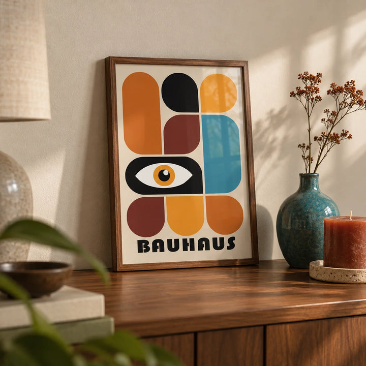 Geometric Shapes Wall Art, a small A4 framed print leaning on a walnut shelf in a living room