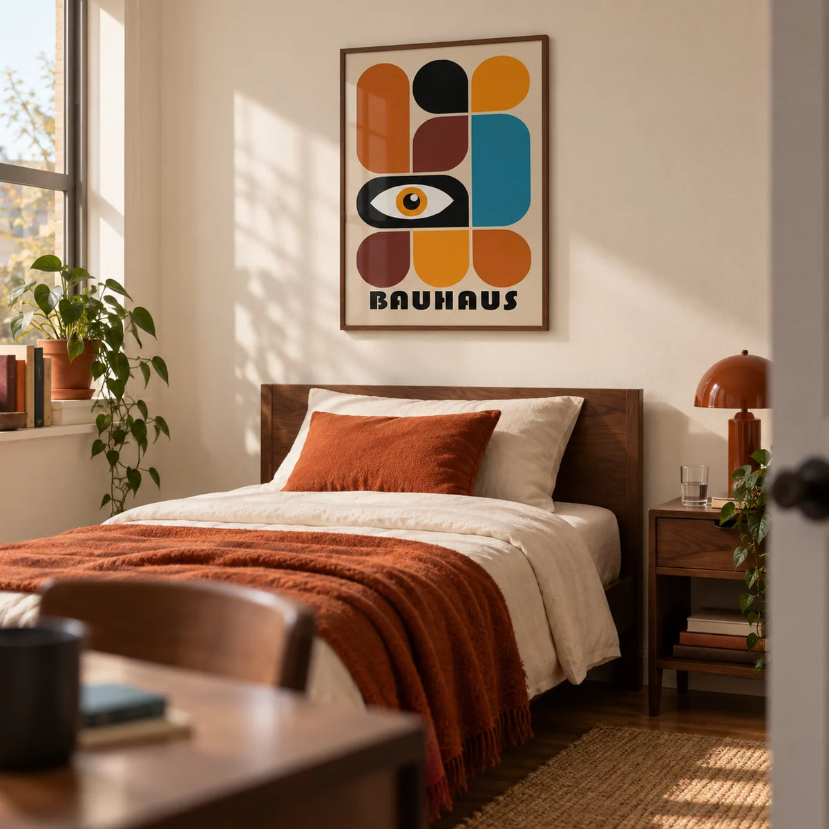 Geometric Shapes Wall Art, framed on the wall of a young adult's bedroom (18-28) with a cream wall
