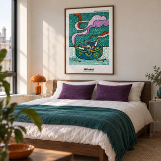 Geometric Smoke Art Print, framed on the wall of a modern adult bedroom in a UK city flat with an off-white wall and a low walnut double bed