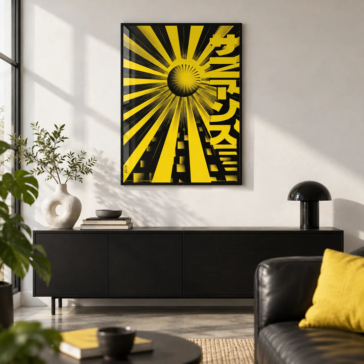 Geometric Sun Poster, framed on the wall of a design-led city-flat living room with a white wall and a polished concrete floor