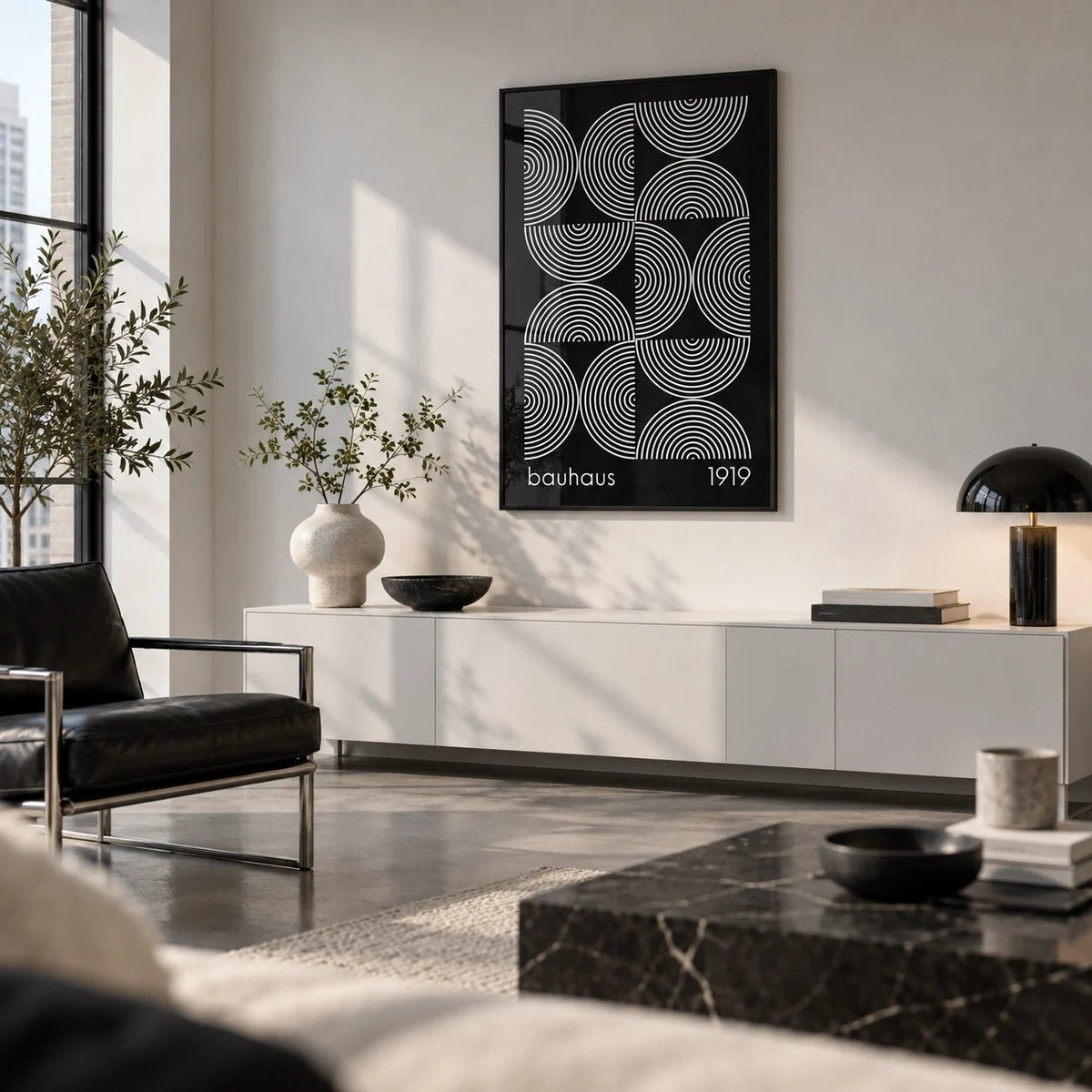 Geometric Wall Art, framed on the wall of a modern city-flat living room