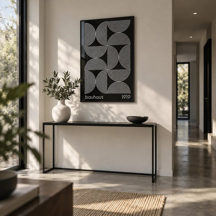 Geometric Wall Art, framed on the wall of a modern hallway with a polished concrete floor