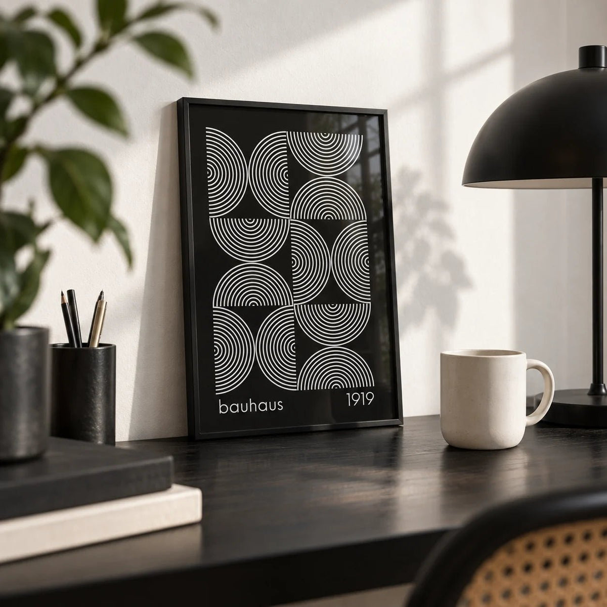 Geometric Wall Art, a small A4 framed print leaning on a black desk