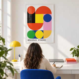Geometric Wall Decal, framed on the wall of a bright modern home office with a white wall