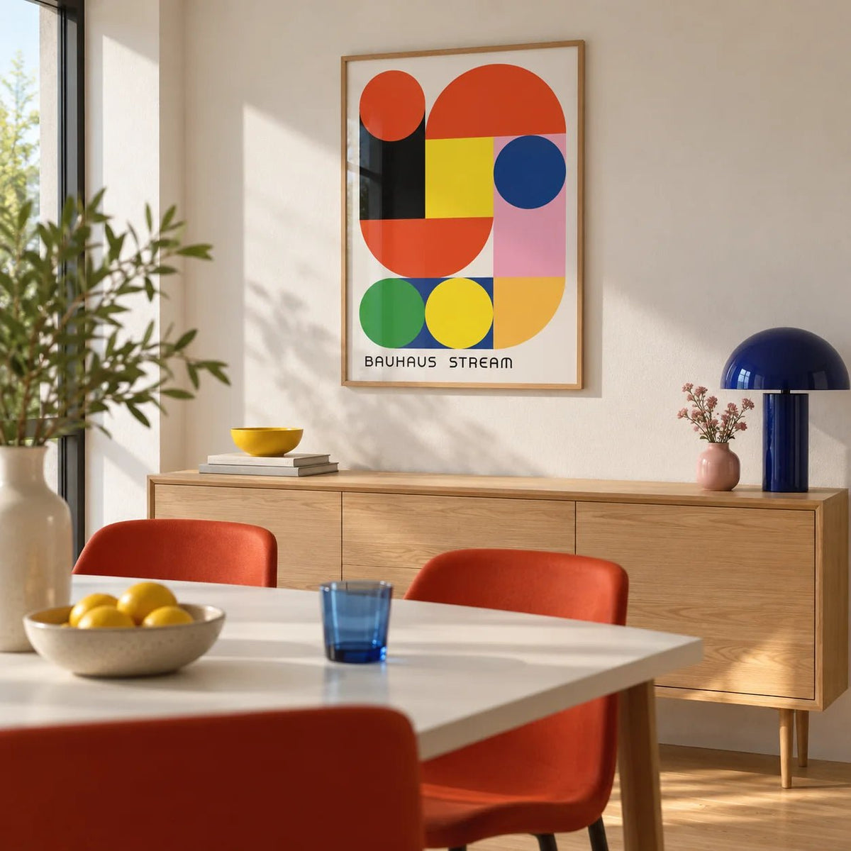 Geometric Wall Decal, framed on the wall of a crisp dining room