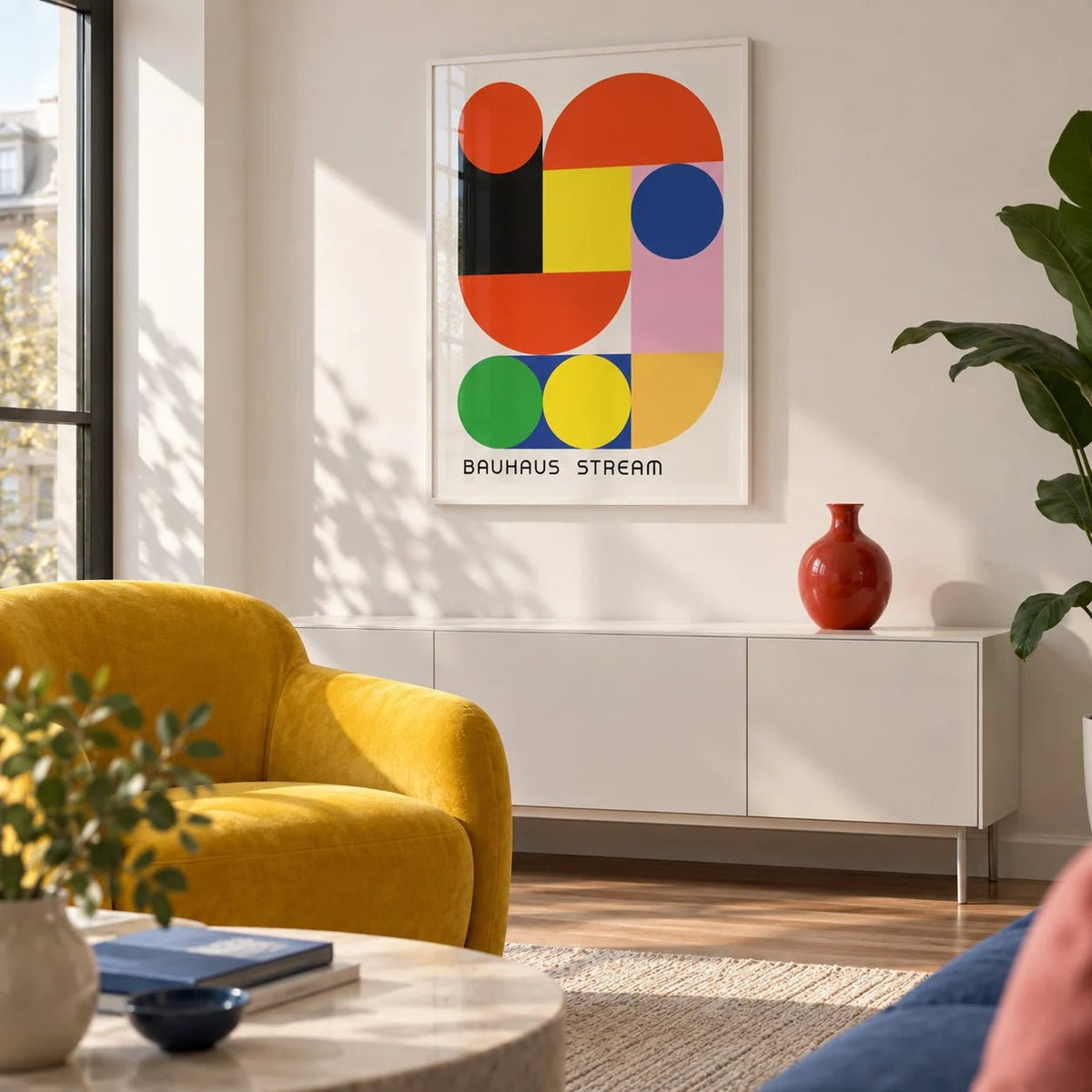 Geometric Wall Decal, framed on the wall of a modern city-flat living room