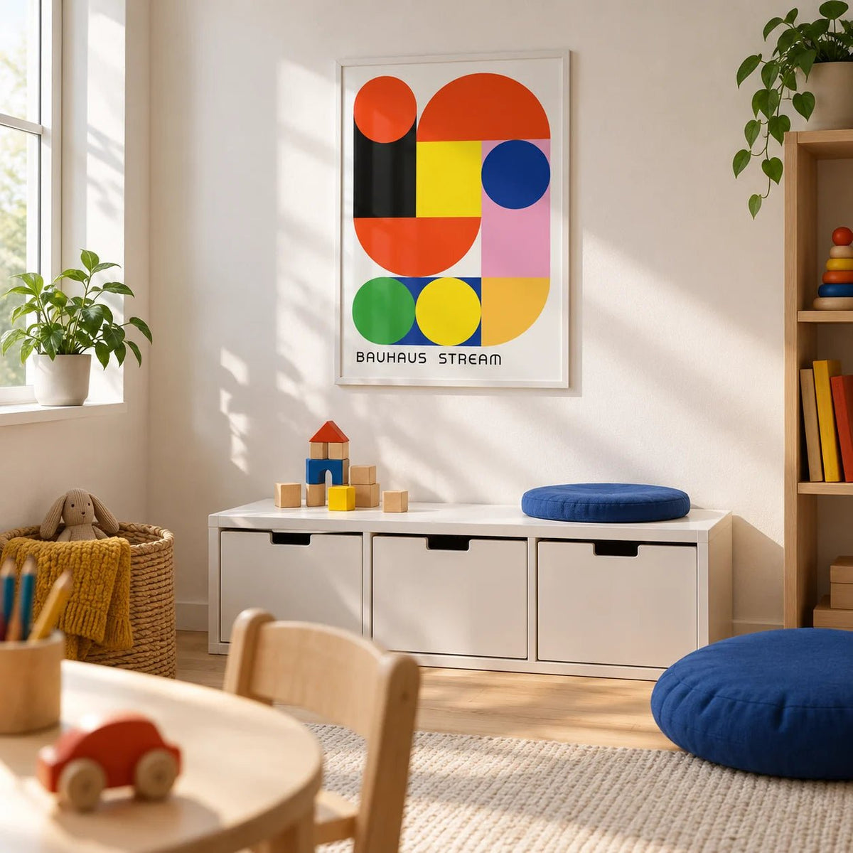Geometric Wall Decal, framed on the wall of a modern playroom for children (5-10)