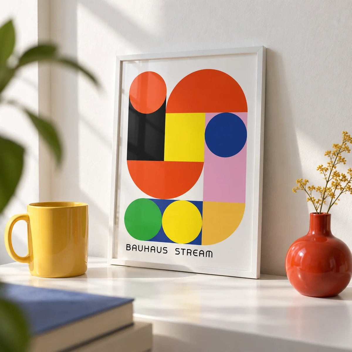 Geometric Wall Decal, a small A4 framed print leaning on a white desk