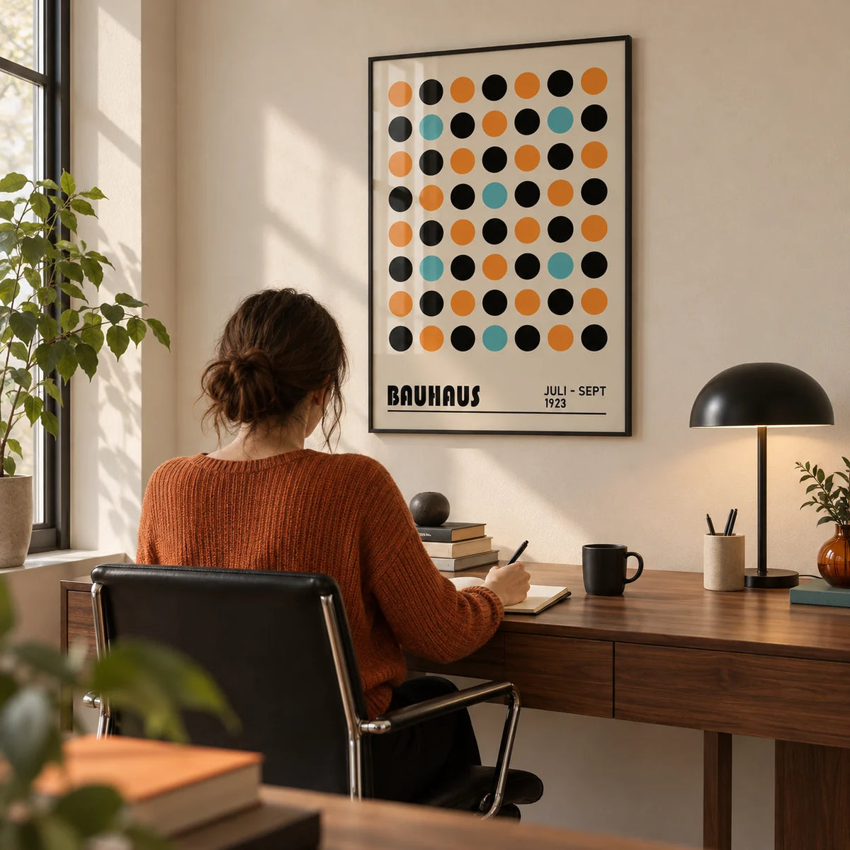 Geometric Wall Decor, framed on the wall of a home office with a beige wall