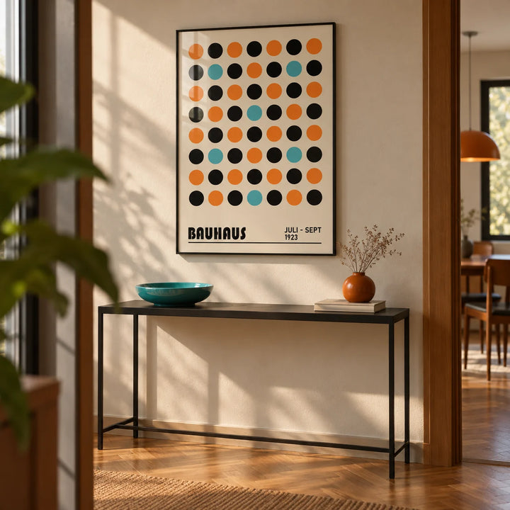 Geometric Wall Decor, framed on the wall of a mid-century hallway with a beige wall and a parquet floor