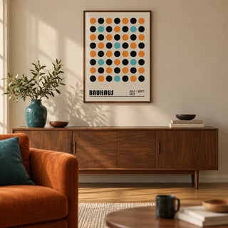 Geometric Wall Decor, framed on the wall of a mid-century living room with a warm beige wall and an oak floor