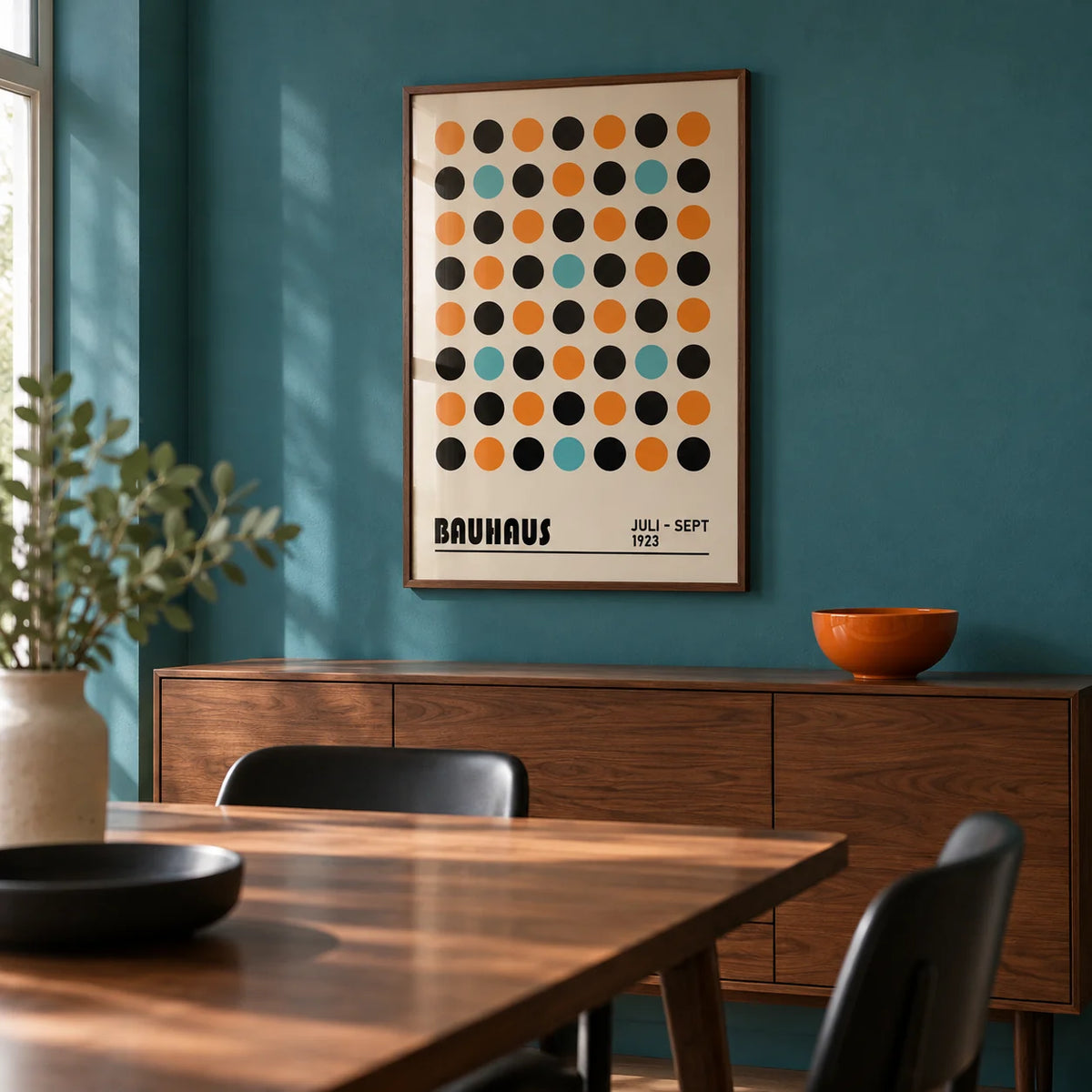 Geometric Wall Decor, framed on the wall of a modern dining room with a teal painted wall