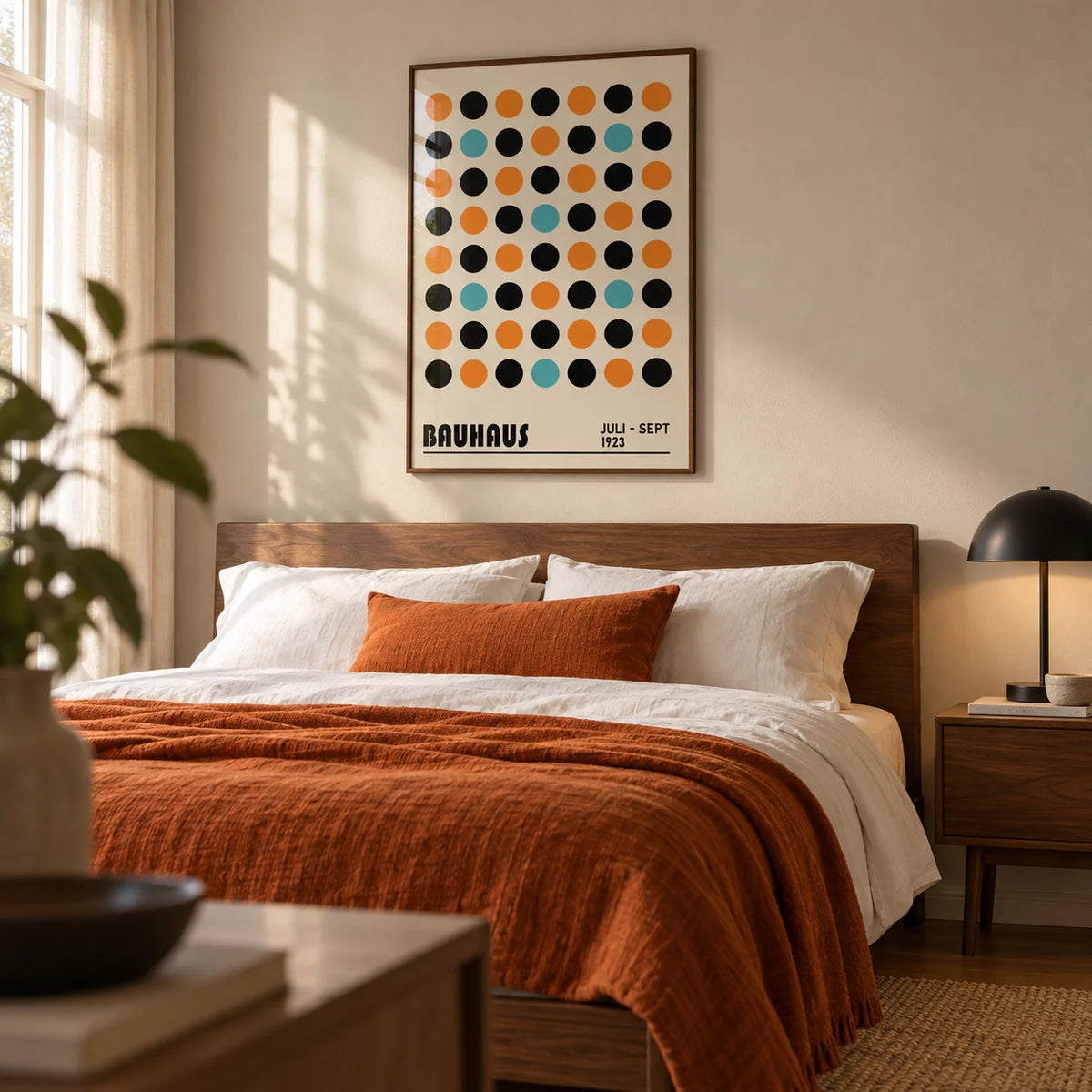 Geometric Wall Decor, framed on the wall of a warm modern bedroom with a soft beige wall